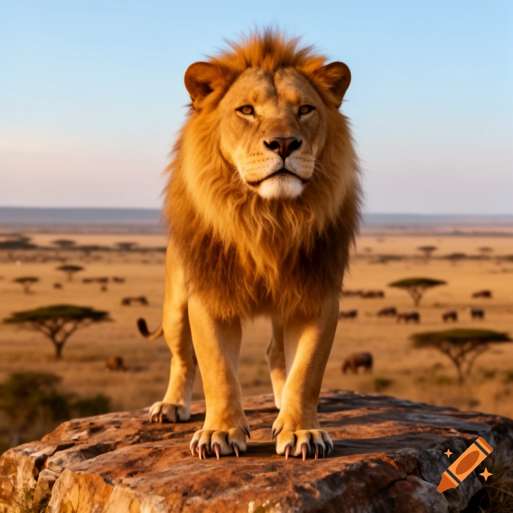 A majestic lion stands on a rock overlooking a vast savanna at sunset, with distant trees and animals.