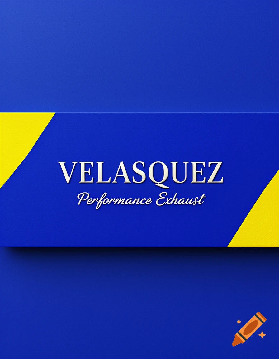 Modern business card design with a royal blue background and yellow accents, showing 'VELASQUEZ Performance Exhaust' in white text.