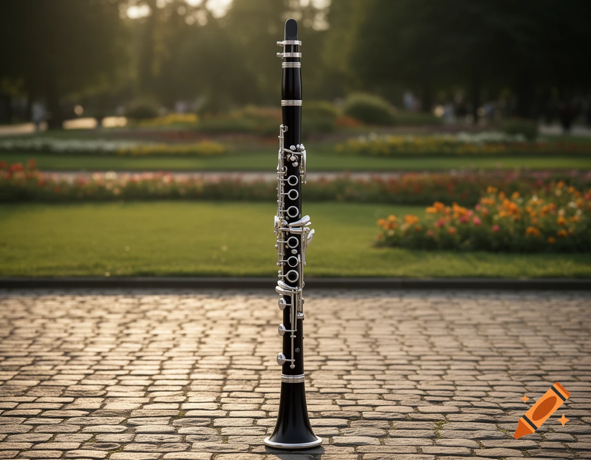 A large black clarinet with silver keys stands upright on cobblestones in a park with green grass and colorful flowers in the background.