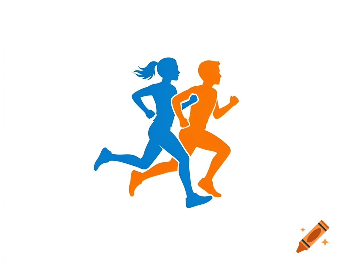 A blue silhouette of a woman and an orange silhouette of a man running side-by-side on a white background.