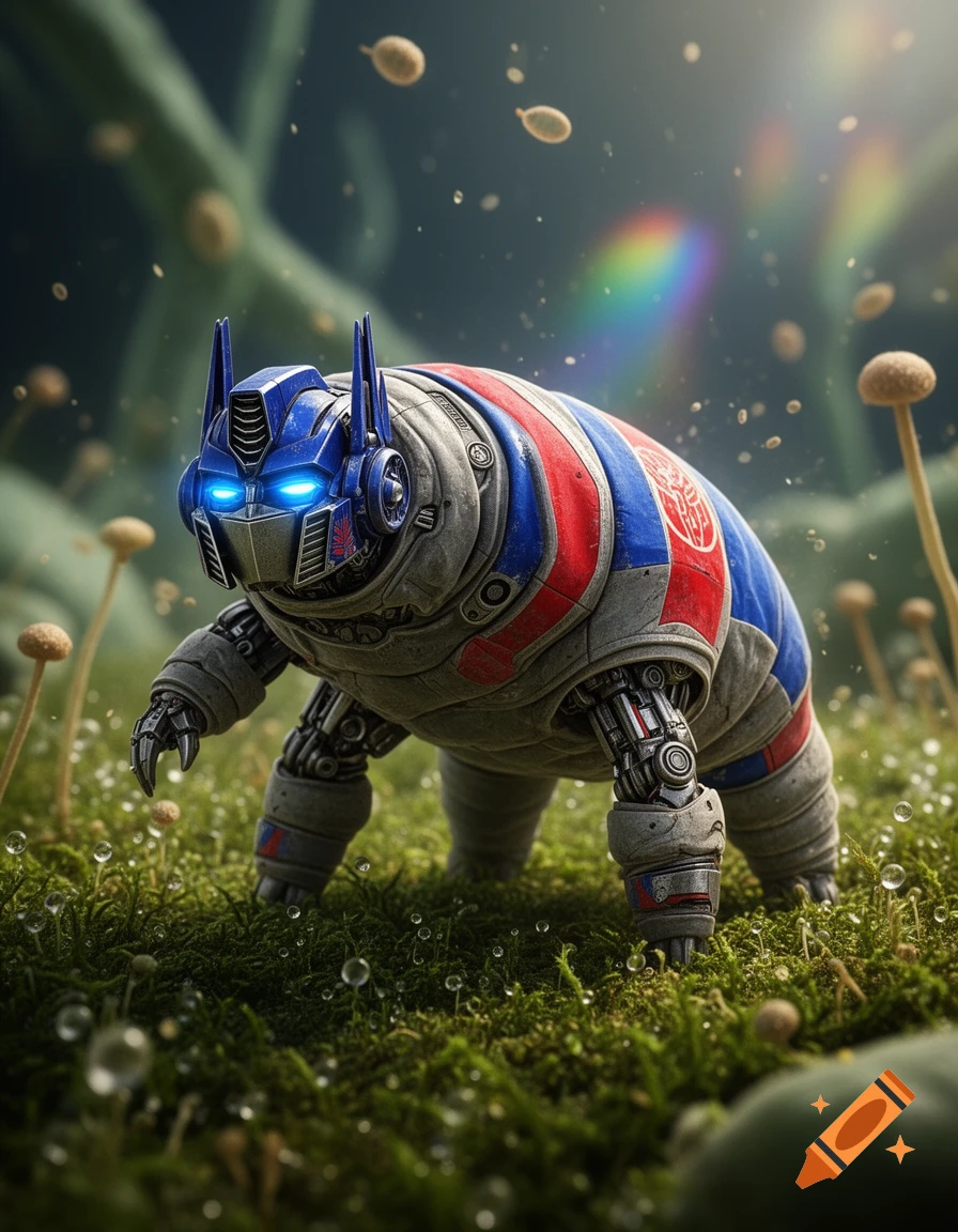 An Optimus Prime-themed tardigrade, with blue glowing eyes, stands in dewy moss among small mushrooms, under a sky with a rainbow and floating spores.