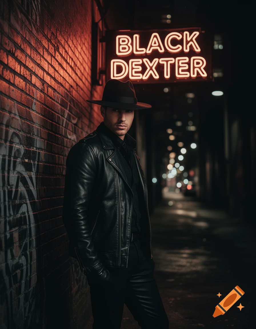A man in a black leather jacket and fedora stands against a brick wall under a neon 'BLACK DEXTER' sign at night in a dark alley.