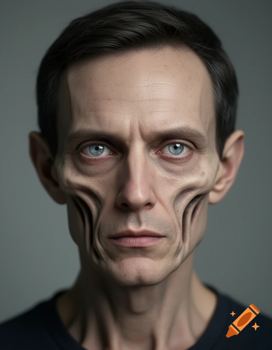 Photorealistic portrait of a gaunt man with skeletal features, deep-set blue eyes, and dark hair against a gray background.
