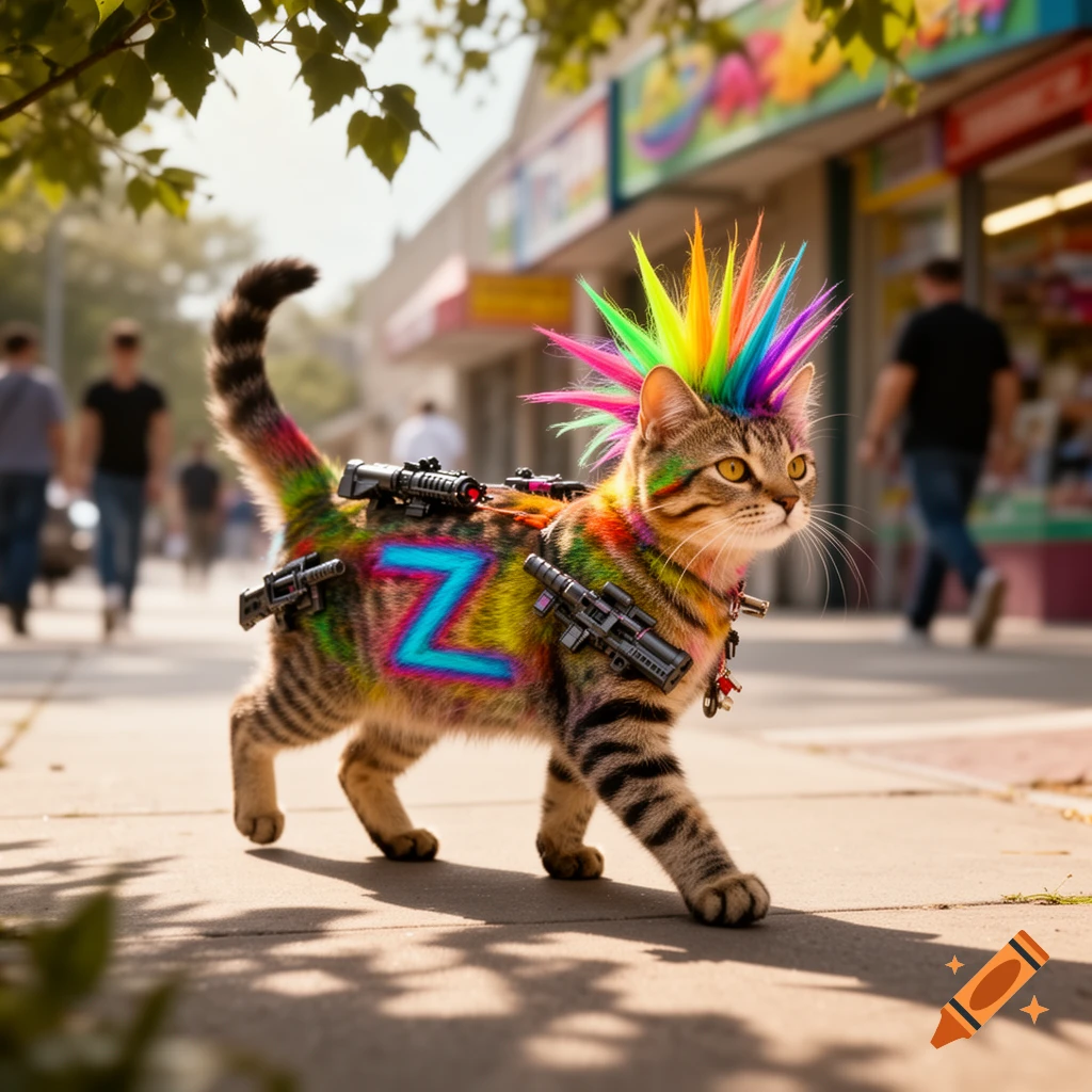 Photorealistic tabby cat with a rainbow punk mohawk, a blue 'Z' painted on its side, and tiny toy weapons, walking on a city sidewalk.