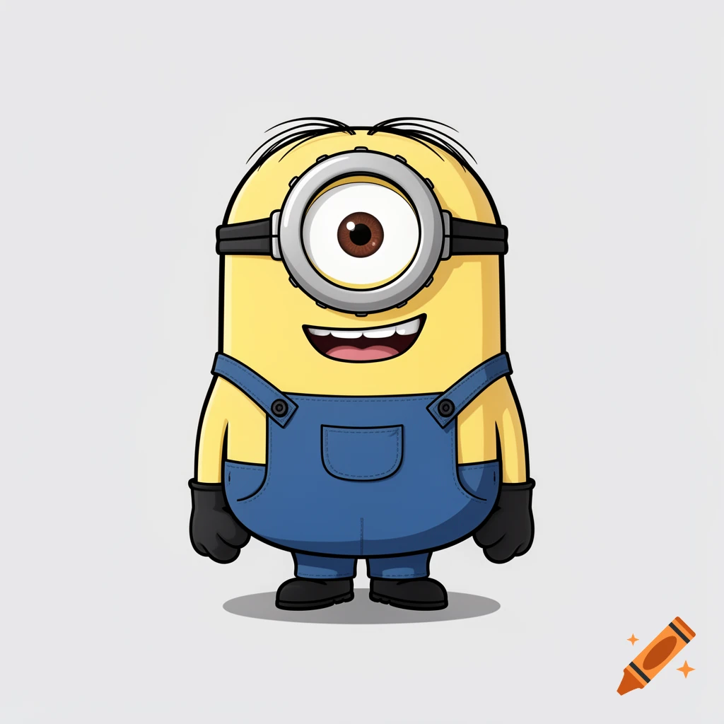 A cartoon minion character with one eye, wearing blue overalls and black gloves, smiling brightly.