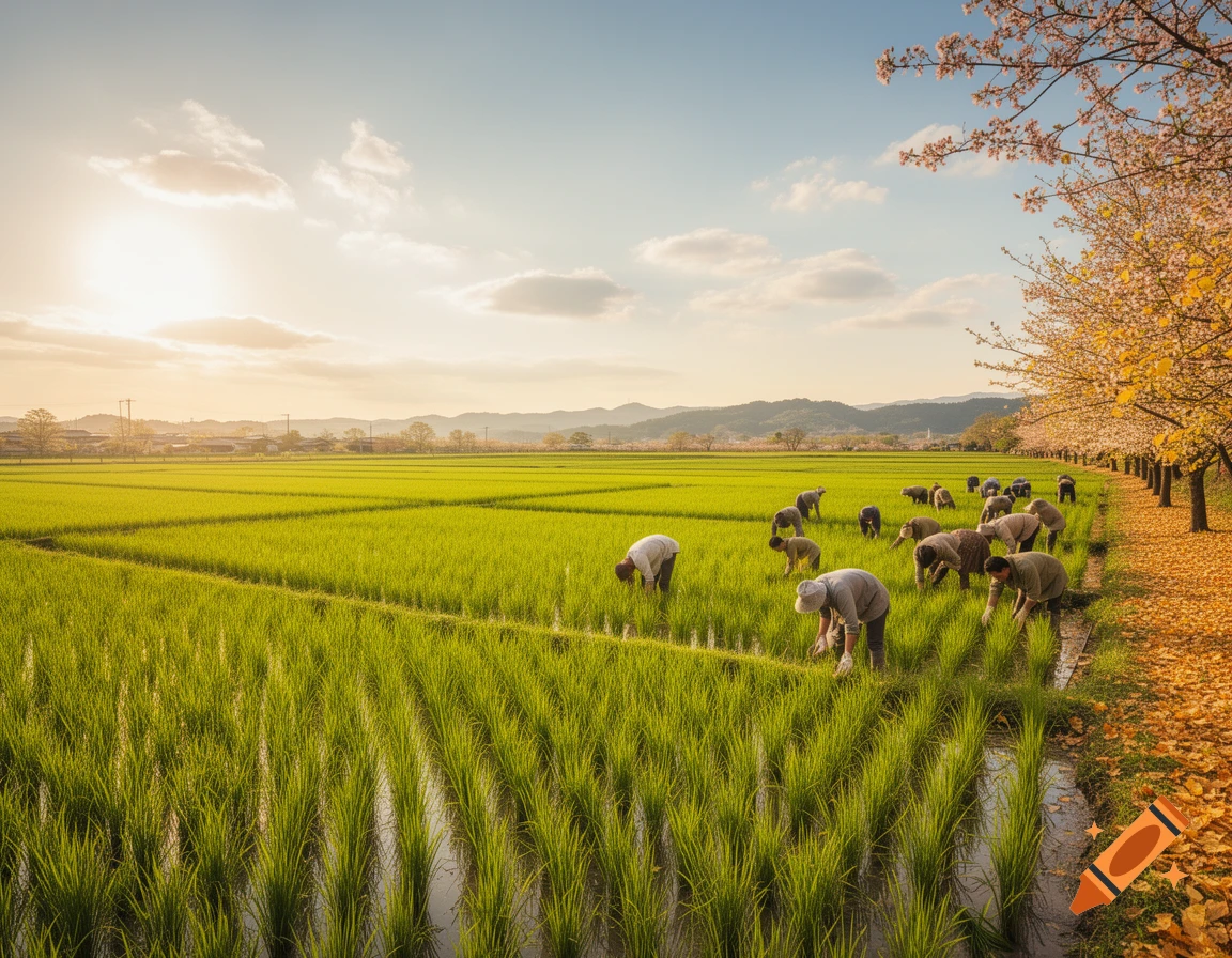 Photorealistic image of farmers tending vibrant green rice paddies at sunset, bordered by a path with fallen autumn leaves and flowering cherry trees.