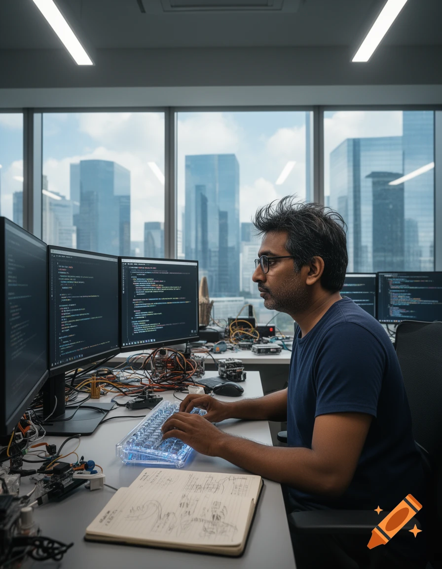 A man in a blue t-shirt and glasses works intently at a computer desk with multiple monitors displaying code. A glowing, transparent keyboard is in front of him, and a notebook with sketches rests on the desk. City skyscrapers are visible outside a large window in the background.