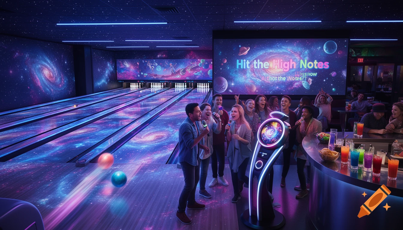 A group of happy people singing karaoke in a cosmic-themed bowling alley with glowing lanes and galaxy projections. Drinks are on a bar counter.