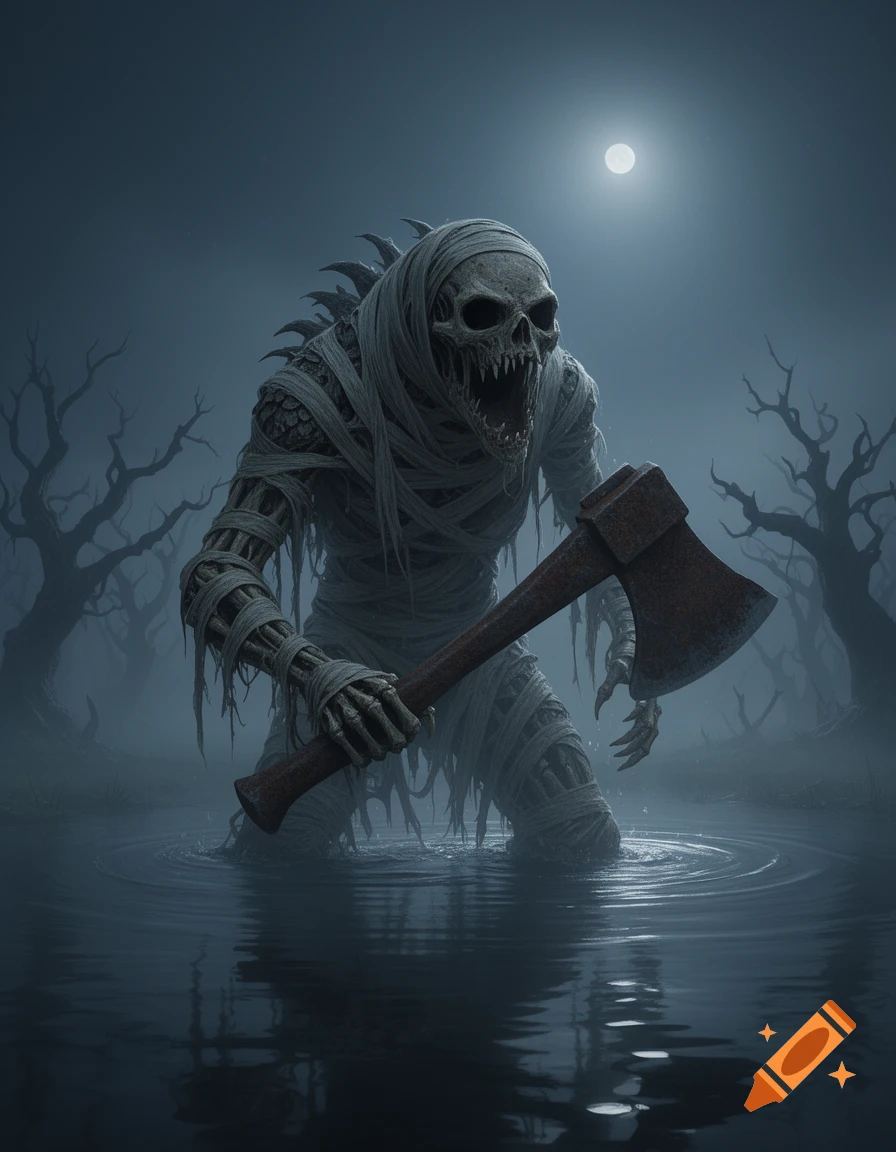 A scary skeletal mummy monster with an axe stands in murky water under a full moon in a misty swamp.