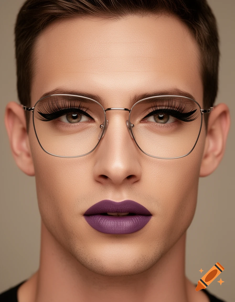 Close-up portrait of a man wearing silver glasses, long winged eyeliner, false eyelashes, and matte purple lipstick.