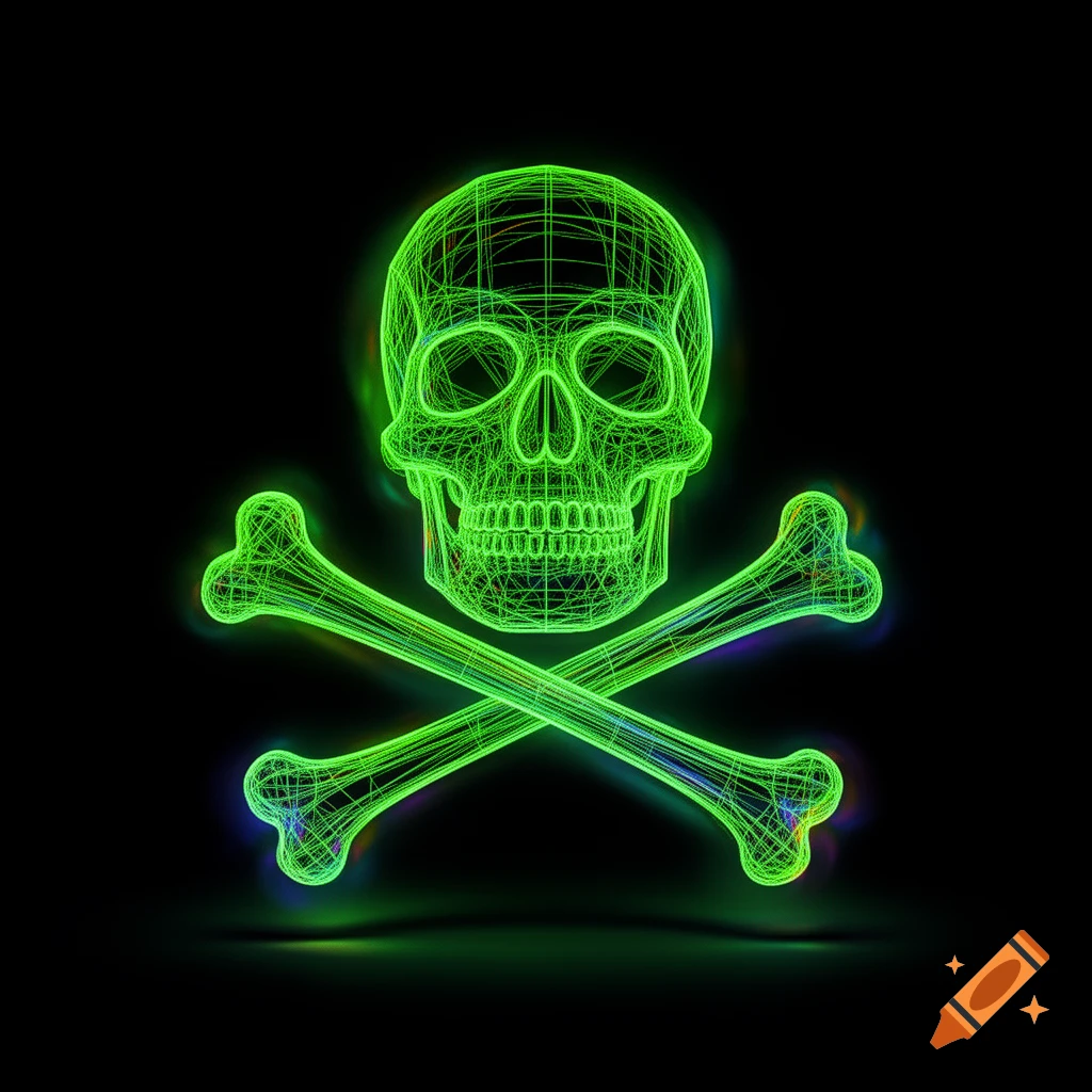 A glowing neon green wireframe skull and crossbones on a black background.