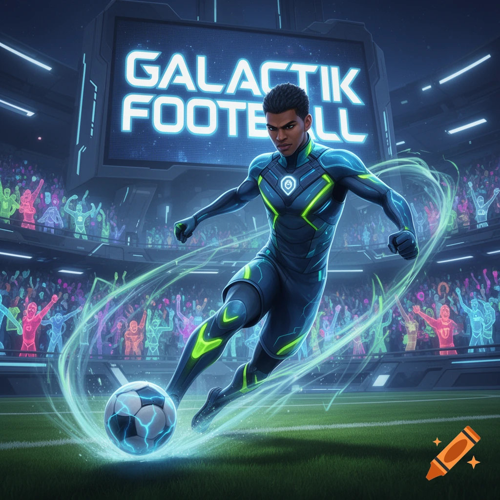 A futuristic male soccer player in a blue and neon green suit kicks a glowing ball on a field, with 'GALACTIK FOOTBALL' on a large screen in a stadium.