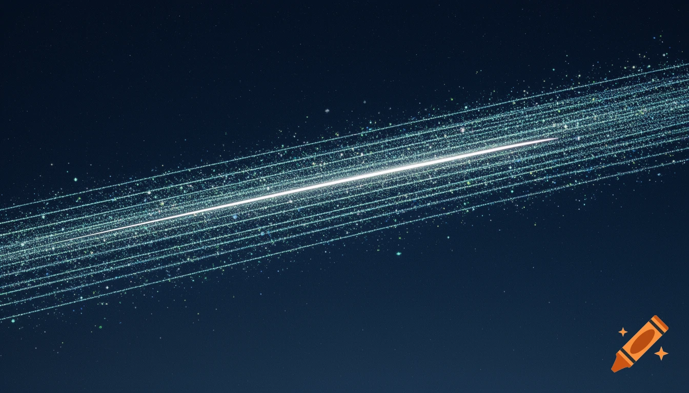 A bright white light trail shoots diagonally across a deep dark-blue space, flanked by shimmering lines of mint-green and icy-blue sparks.
