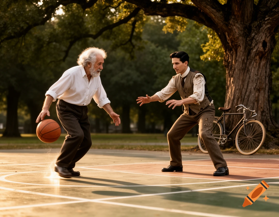Albert Einstein and Nikola Tesla playing basketball on an outdoor court in a park, photorealistic.
