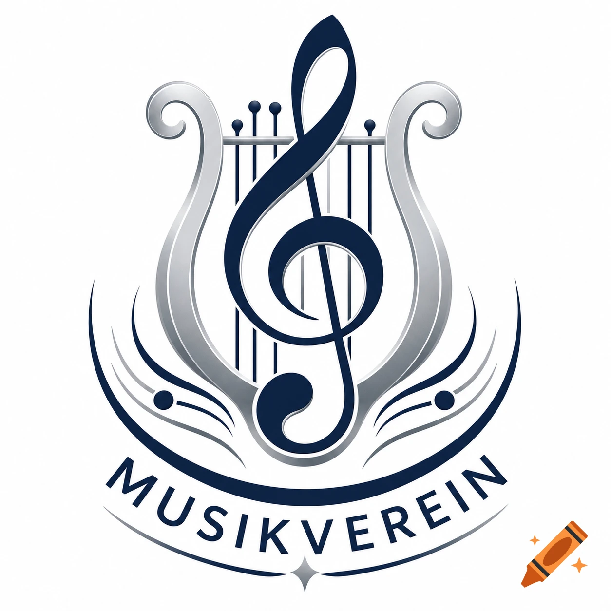 A blue and silver logo for a music association featuring a treble clef, lyre, and the text 'MUSIKVEREIN'.