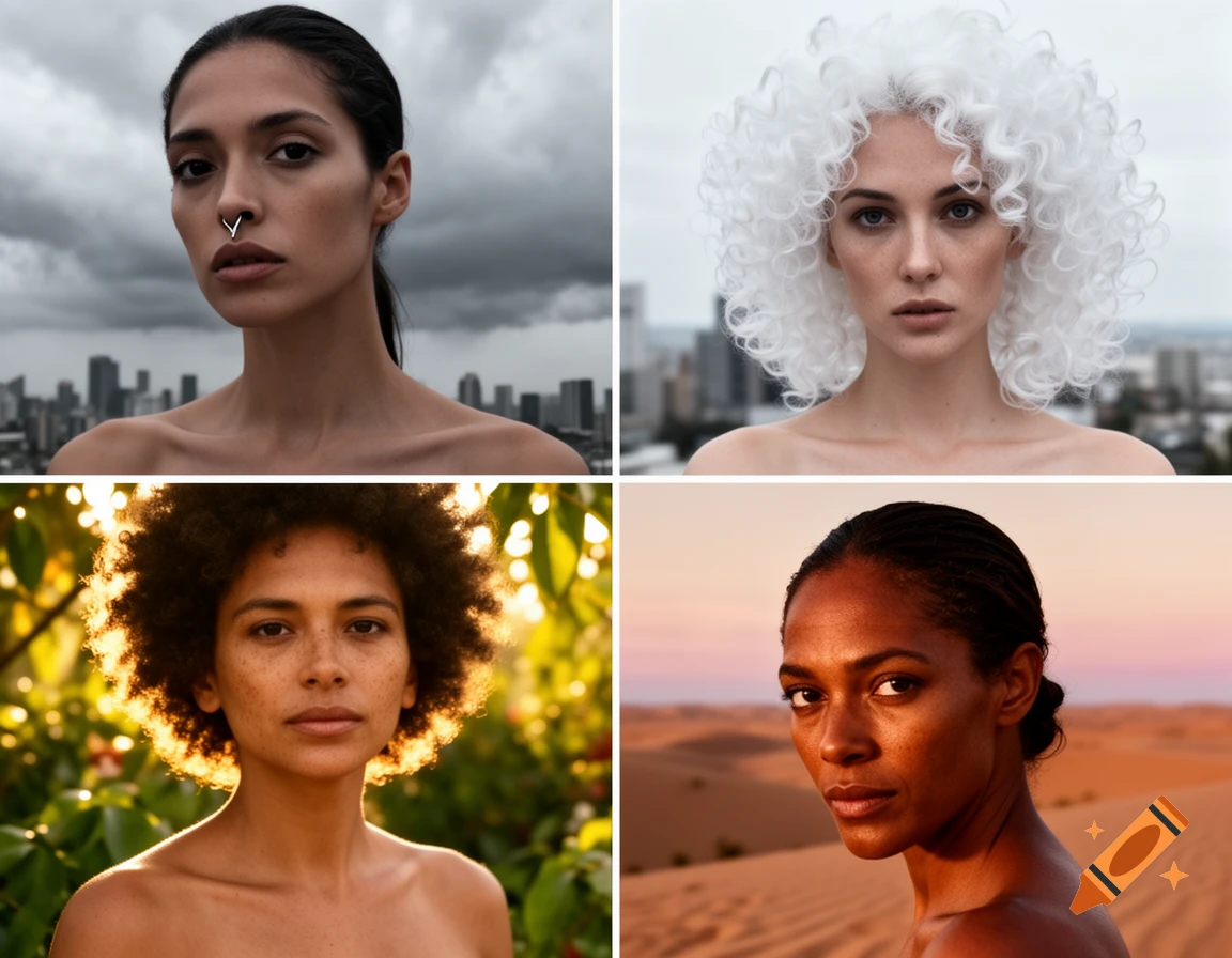 A four-panel collage featuring realistic portraits of diverse women with various hairstyles and backgrounds.