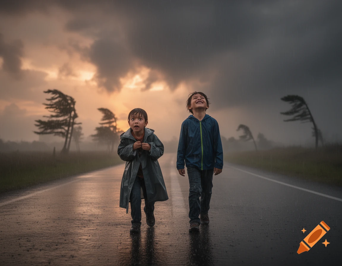Two young boys walk on a wet road in the rain at sunset, with an approaching storm. One boy looks scared, the other smiles up.