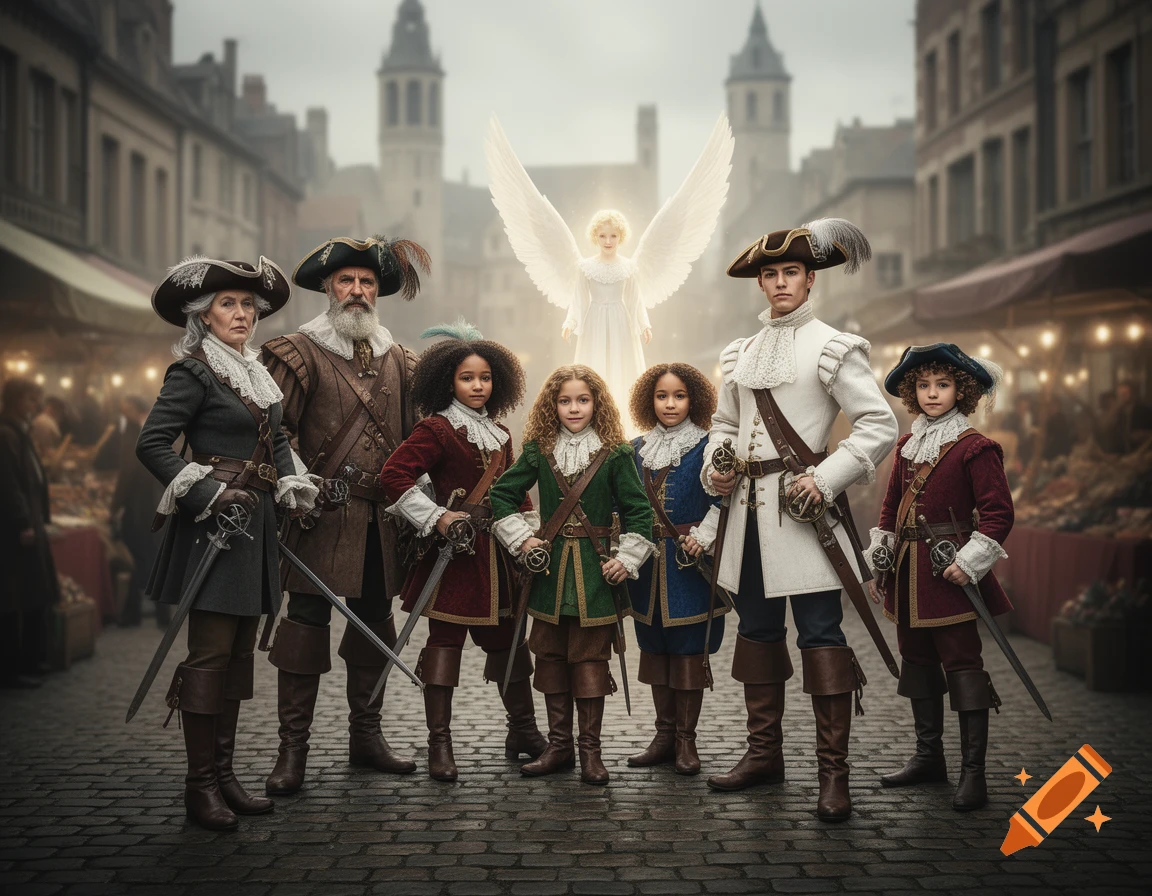 A group of six diverse musketeers and a glowing angel stand on a cobblestone street in a historic European town.