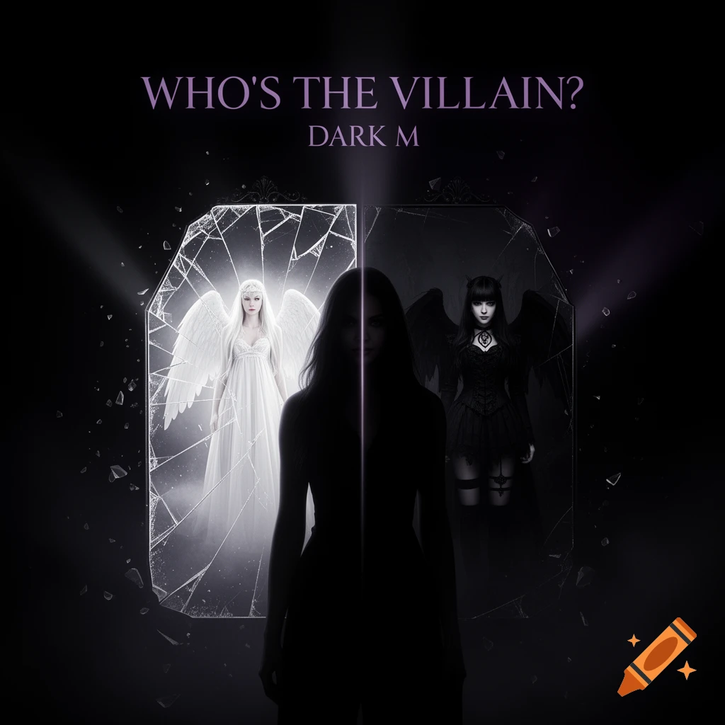 A mysterious silhouette stands before a broken mirror, reflecting an angelic woman in white and a gothic woman in black. Text: WHO'S THE VILLAIN? DARK M. Dramatic gothic digital art.