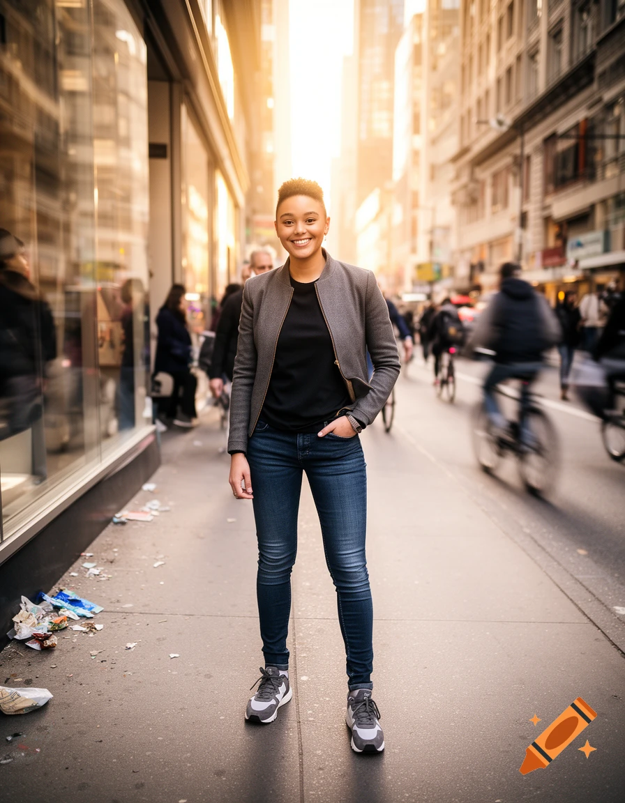 A smiling person with short hair stands on a busy city sidewalk at sunset, wearing a gray jacket, black shirt, and jeans.