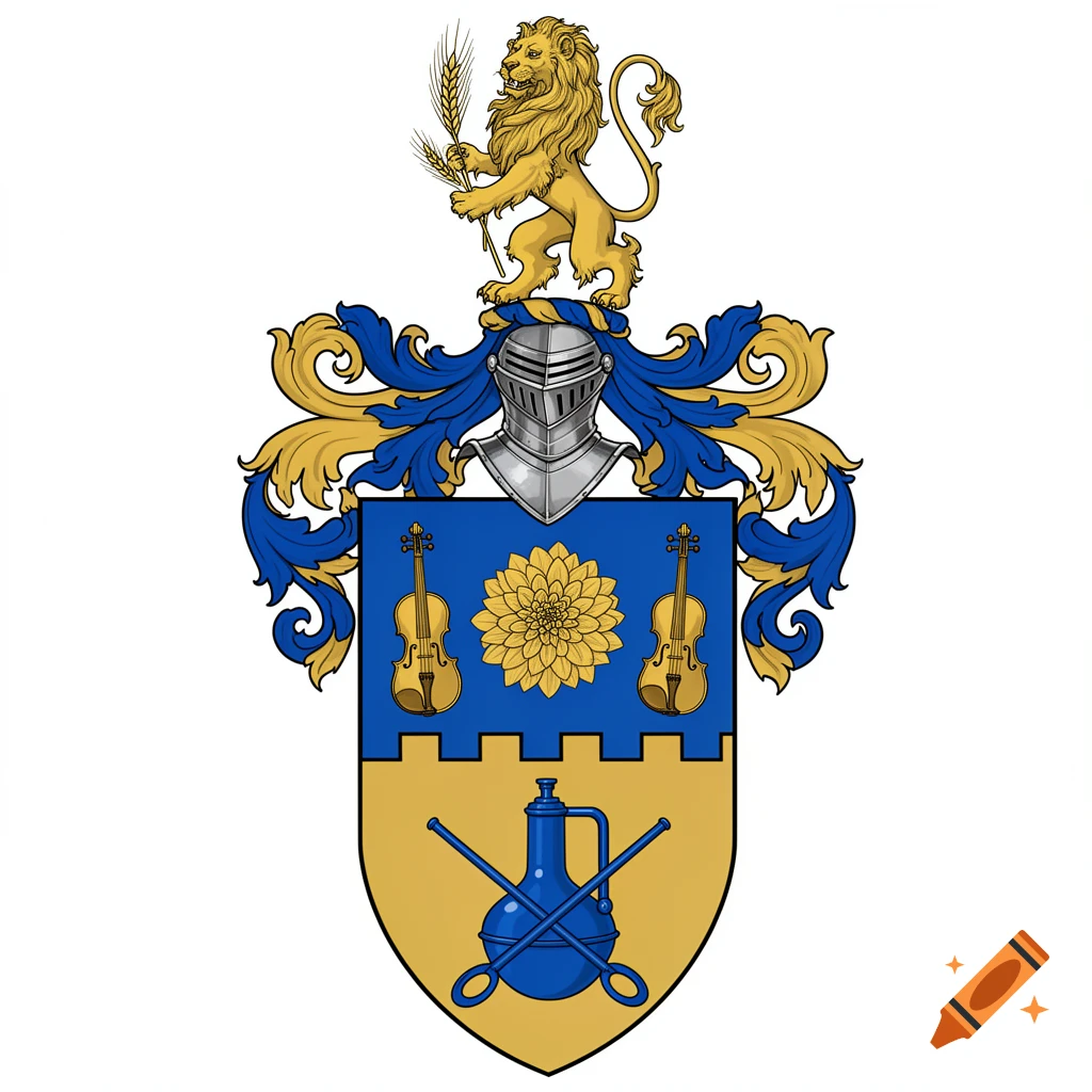 Flat vector heraldic coat of arms with a golden lion crest, knight's helmet, and a shield featuring violins, a dahlia, alembic, and weaver's shuttle.