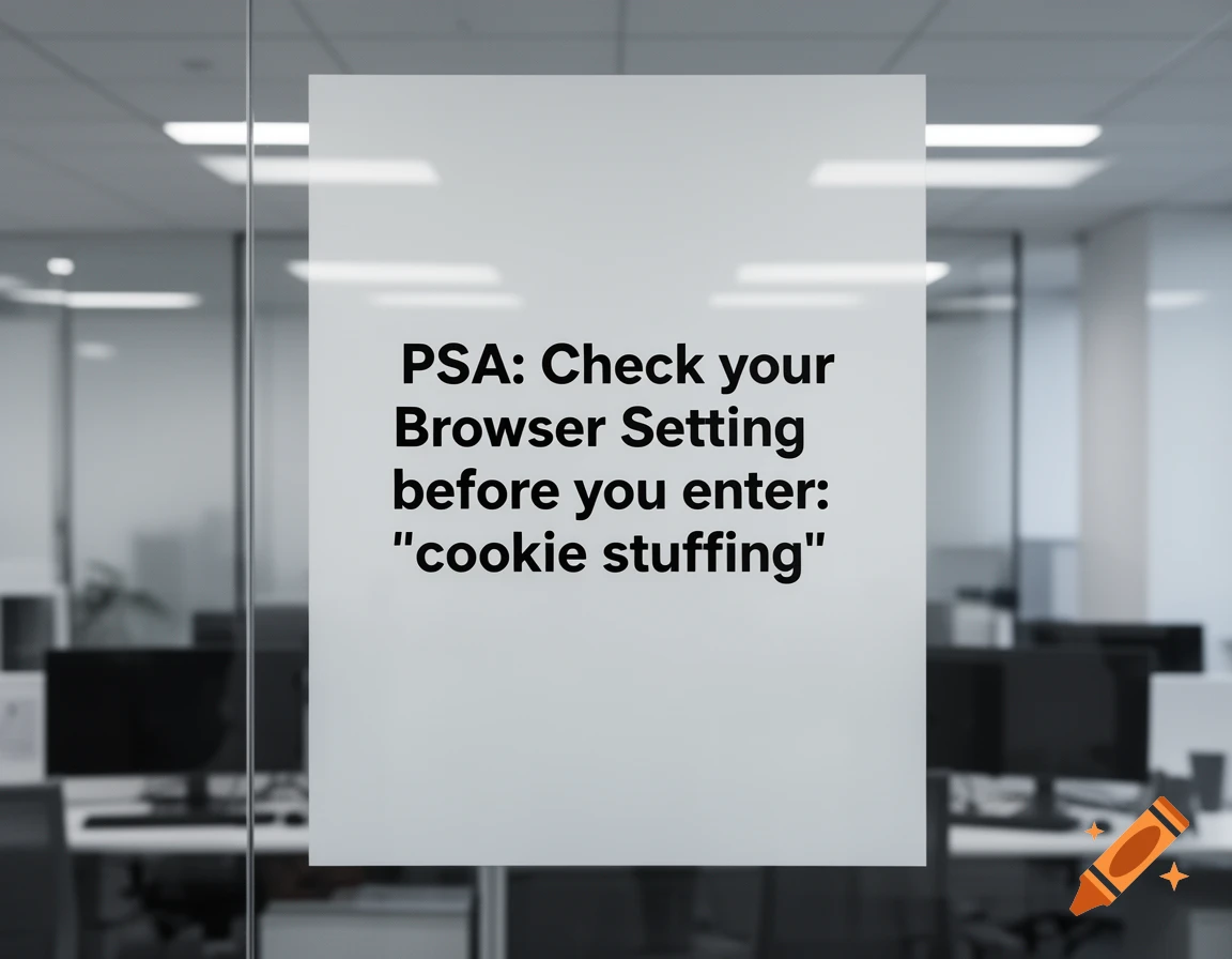 A frosted glass sign in an office reads: "PSA: Check your Browser Setting before you enter: "cookie stuffing"".