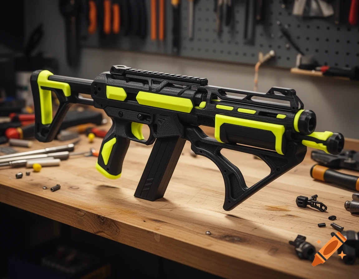 A custom, 3D-printed foam dart blaster in matte black and neon yellow on a photorealistic hobbyist workbench.
