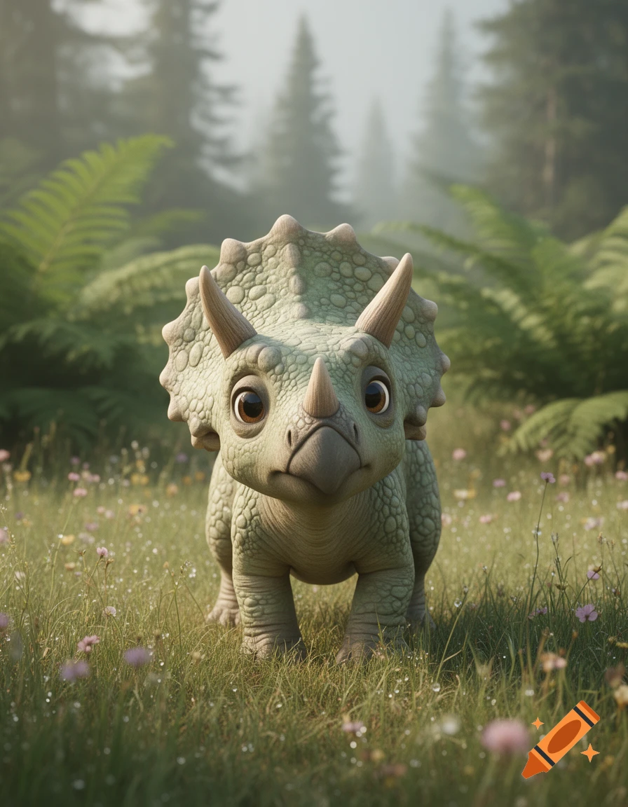 A cute, big-eyed baby triceratops stands in a lush green meadow with small flowers, surrounded by ferns and trees.