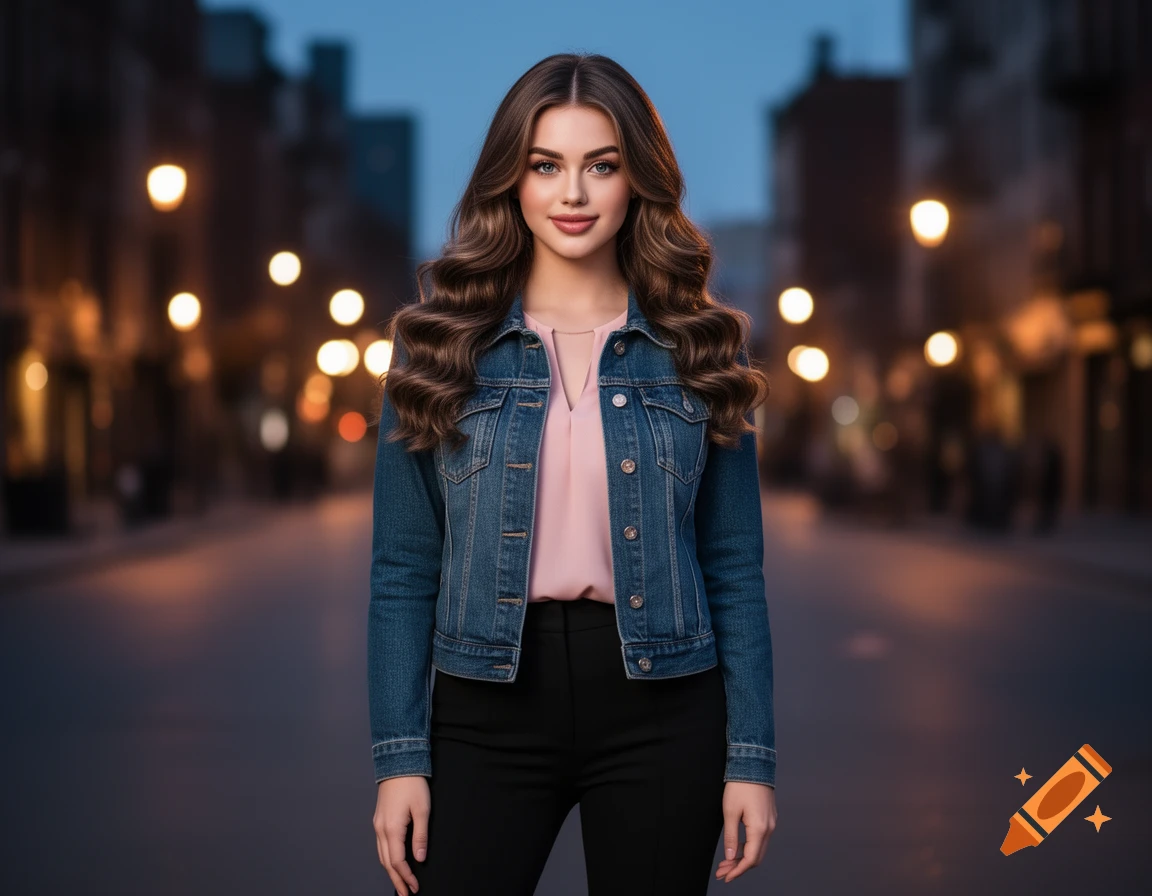 A young woman in a denim jacket, pink blouse, and black pants stands on an urban street at night with blurred city lights in the background.