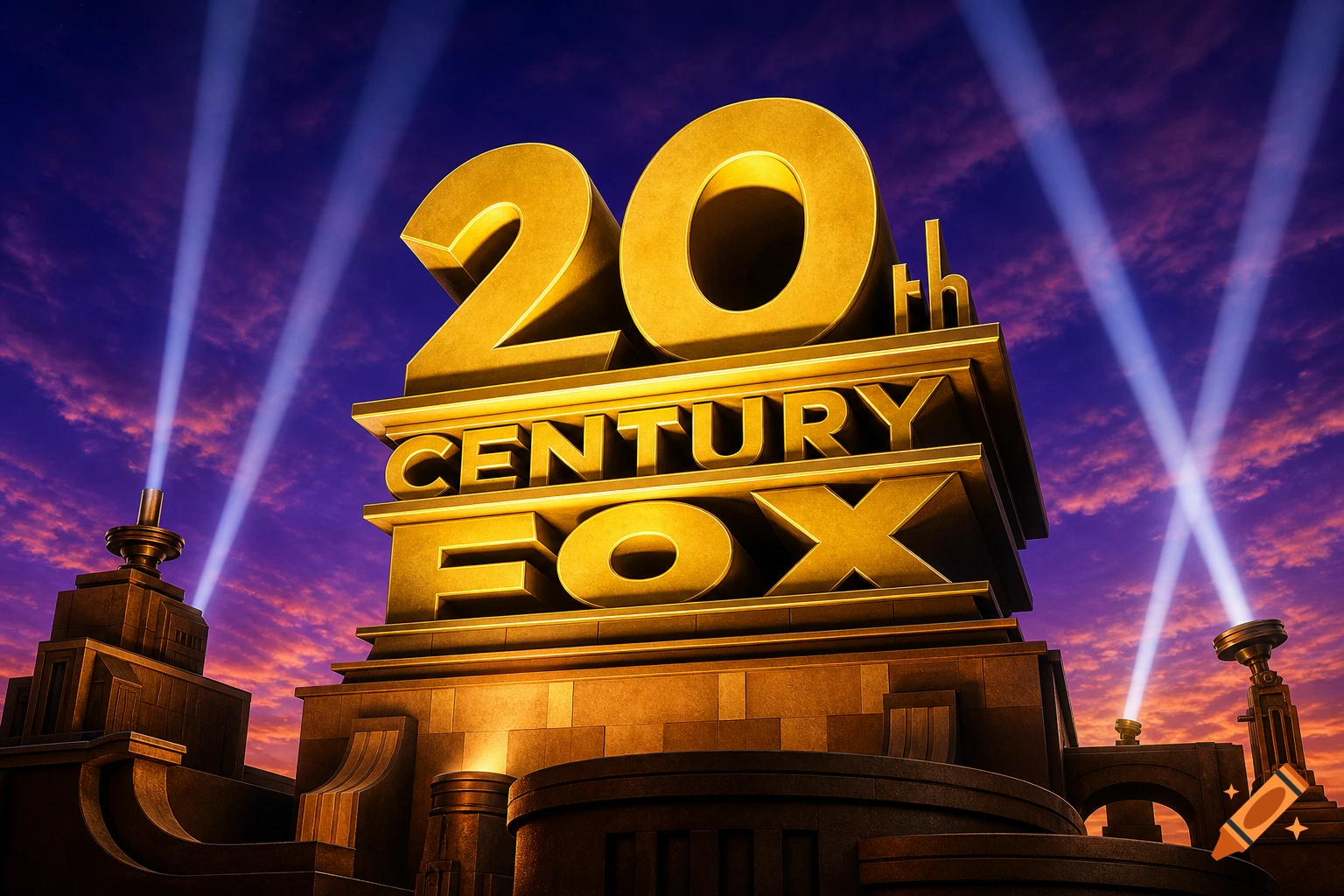 Golden 20th Century Fox logo with prominent 20th, Century, and Fox text, illuminated by searchlights against a purple and orange sky.