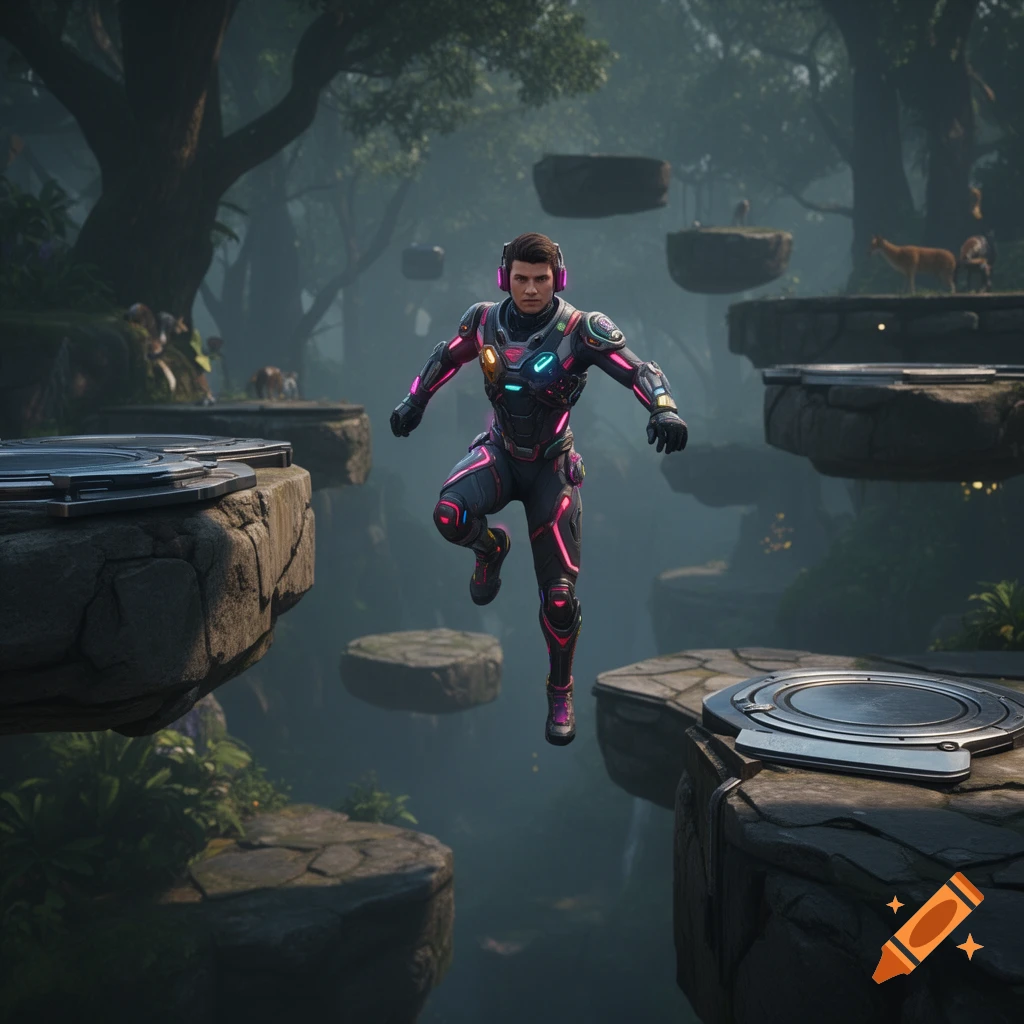 A person in a futuristic black and neon pink suit jumps between floating stone platforms in a misty jungle environment.