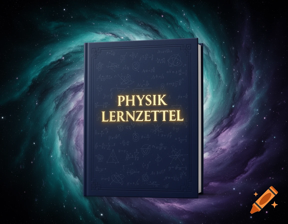Dark blue book with glowing gold text 'PHYSIK LERNZETTEL' on its cover, set against a swirling teal and purple cosmic nebula.