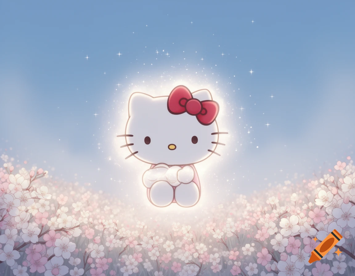A glowing Hello Kitty with folded arms, surrounded by a field of pink and white flowers under a soft blue sky.