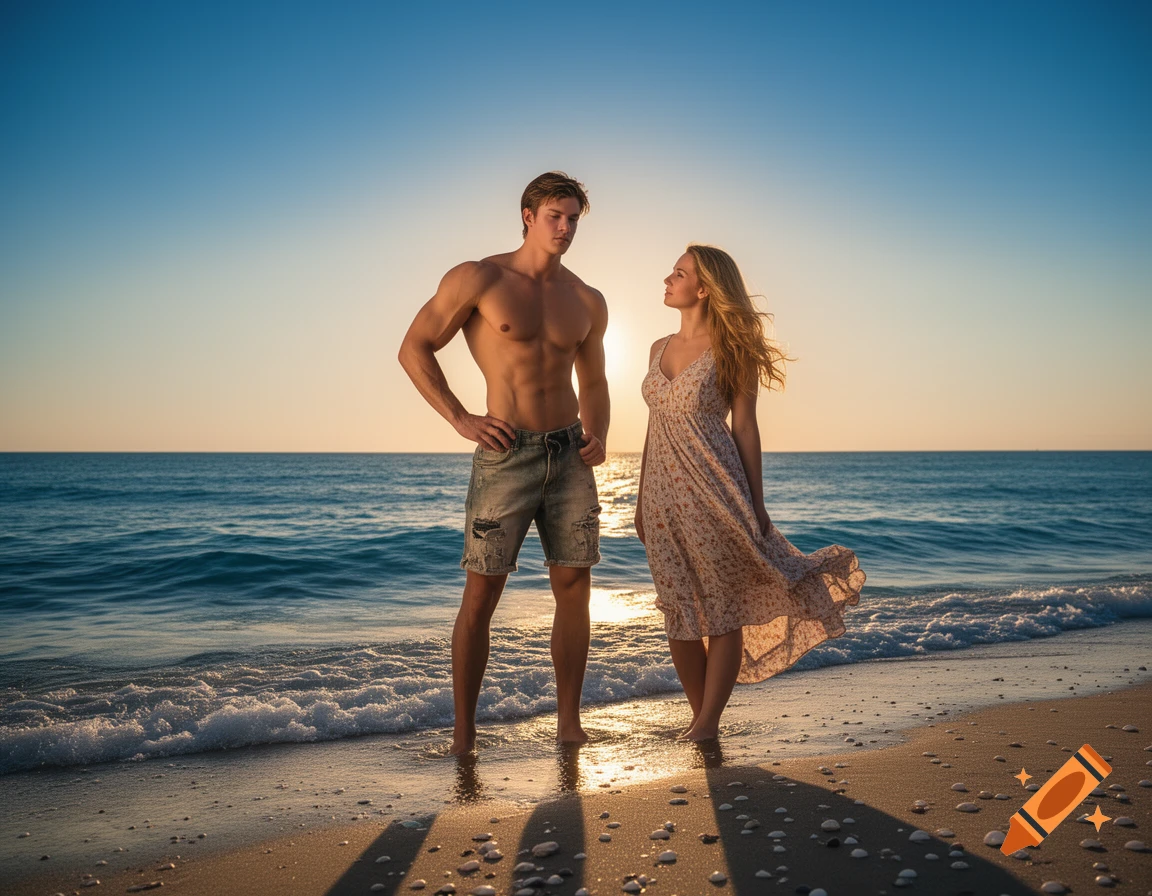 A muscular man and a woman in a flowing dress stand on a beach at sunset, looking at each other, with the ocean behind them. Photorealistic.