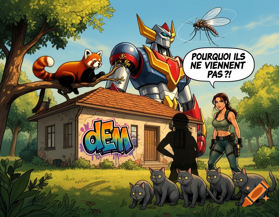 A cartoon-style park scene with a large Goldorak robot, Lara Croft, a red panda in a tree, five cats, and a mosquito. A house with "dEm" graffiti is in the center. A speech bubble from the robot says, "POURQUOI ILS NE VIENNENT PAS?!"