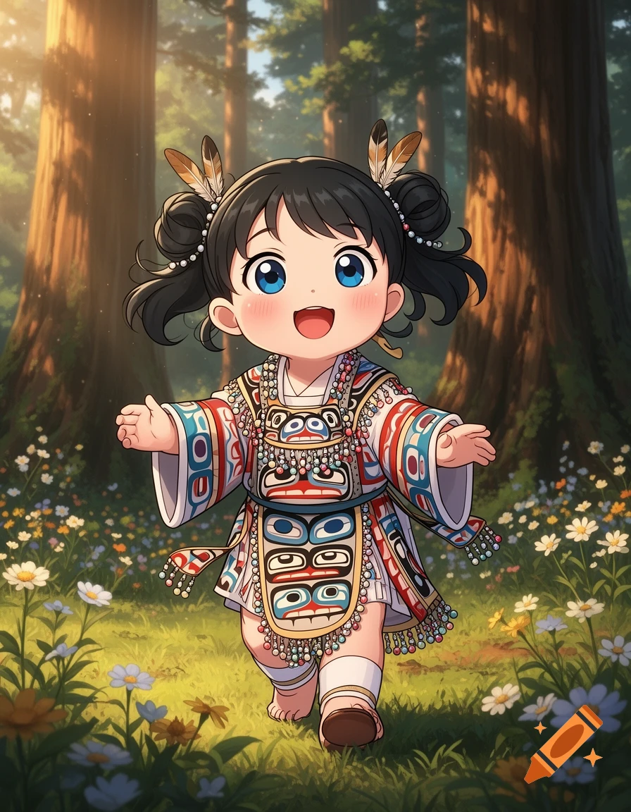 Cute anime toddler in colorful traditional Kwakiutl attire with feathers in her hair, walking in a sunny forest with wildflowers.