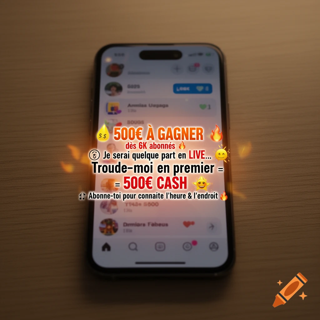 A smartphone displaying a social media giveaway advertisement with text and emojis like money, fire, and stars.