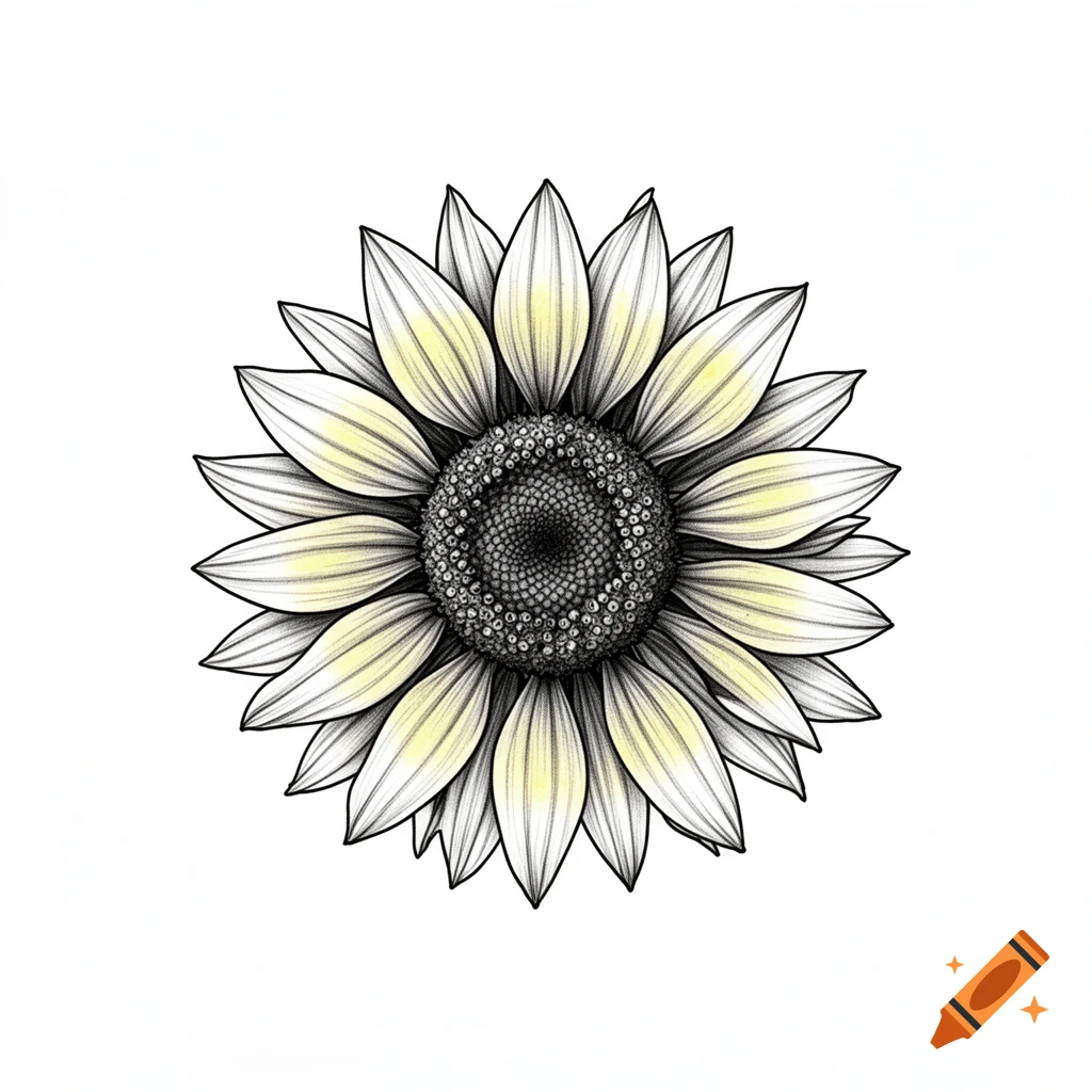 A stylized line drawing of a sunflower with a detailed gray and black center, surrounded by white petals with pale yellow shading, on a white background.
