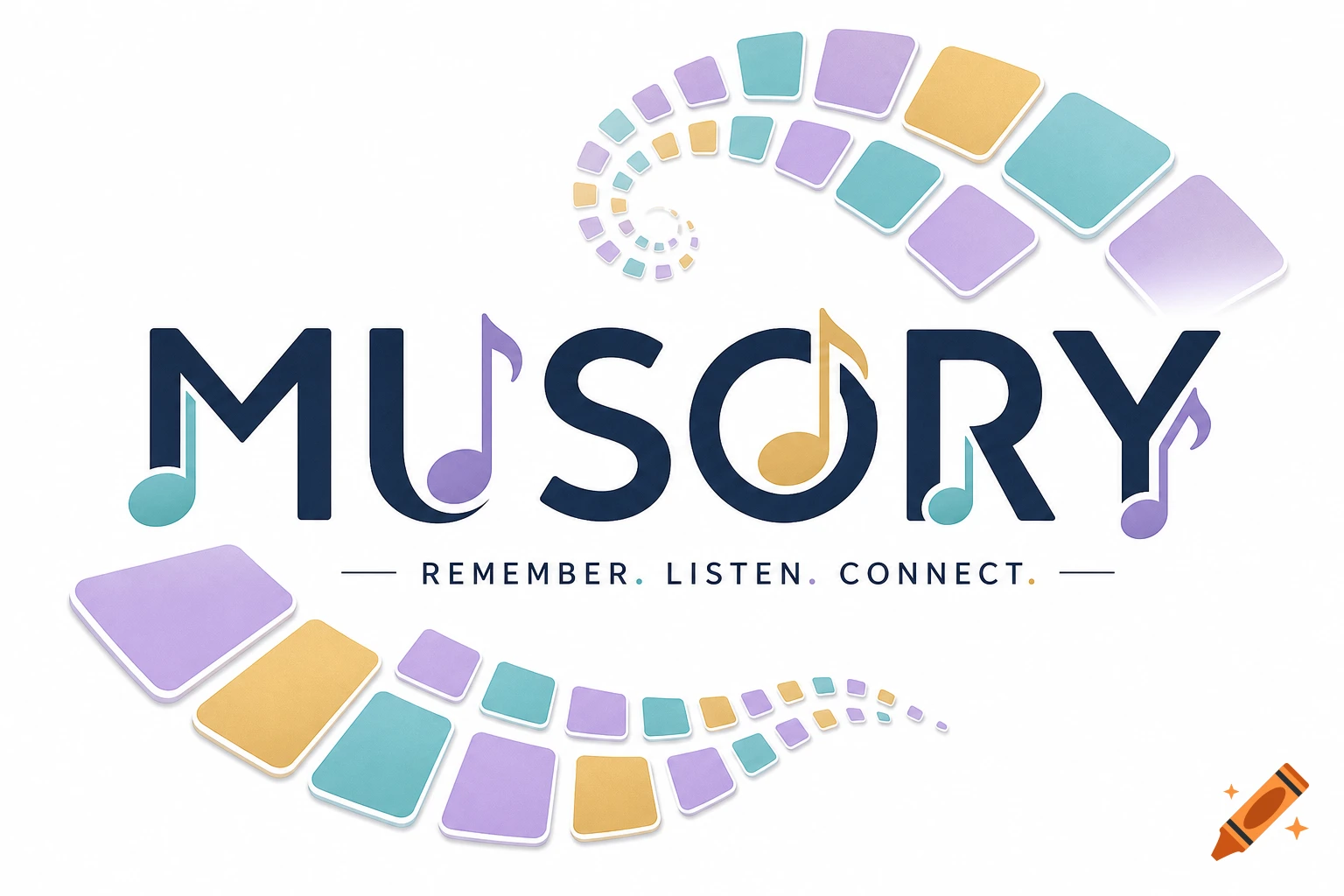 Logo for MUSORY featuring the brand name with musical notes, tagline 'REMEMBER. LISTEN. CONNECT.', and colorful abstract square shapes.