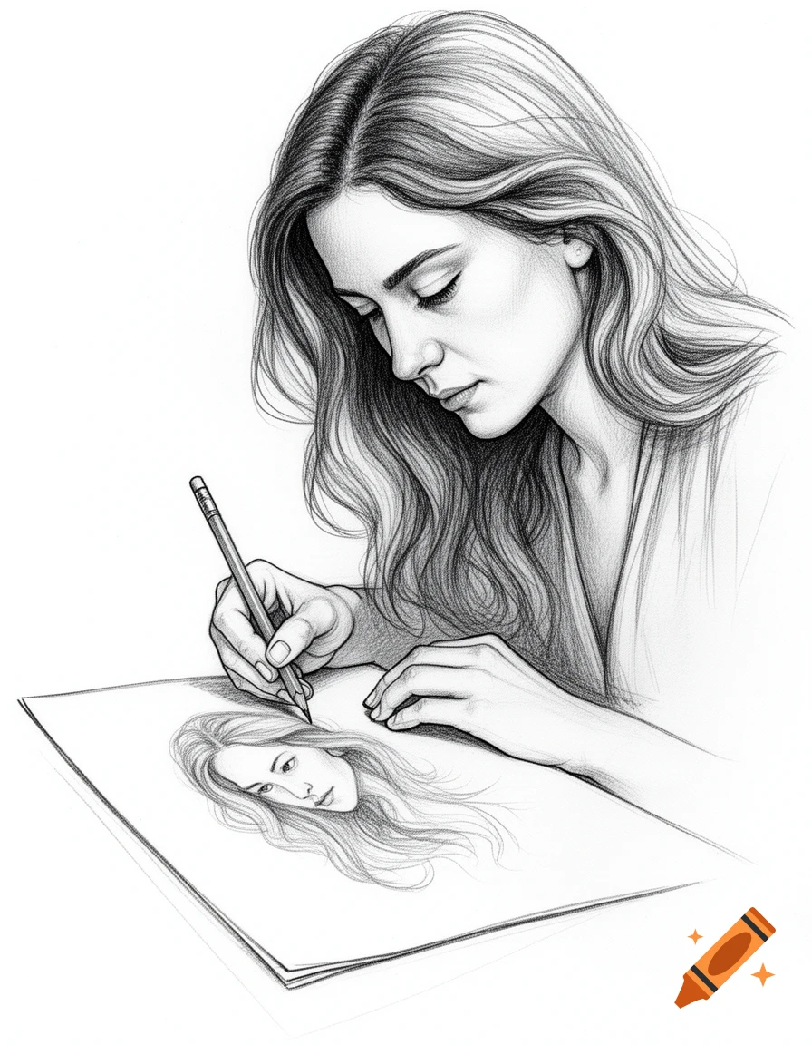 A black and white pencil sketch of a woman drawing a portrait of herself on paper.