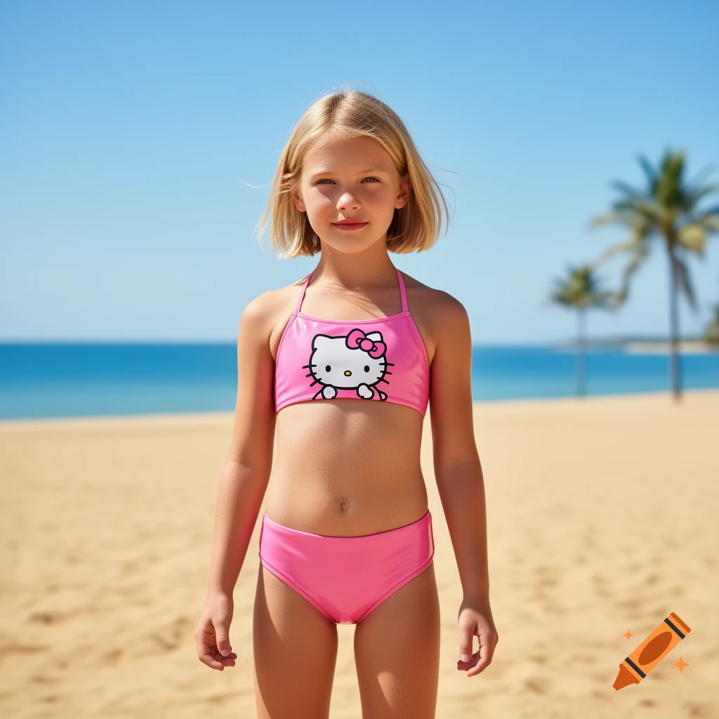 A smiling young girl with blonde hair stands on a sunny beach, wearing a pink Hello Kitty bikini with the ocean and palm trees in the background.