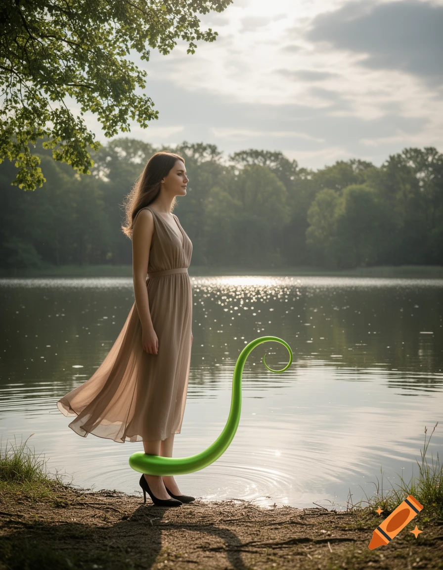 A woman in a flowing dress and heels stands by a lake as a long, green tendril coils around her ankle.