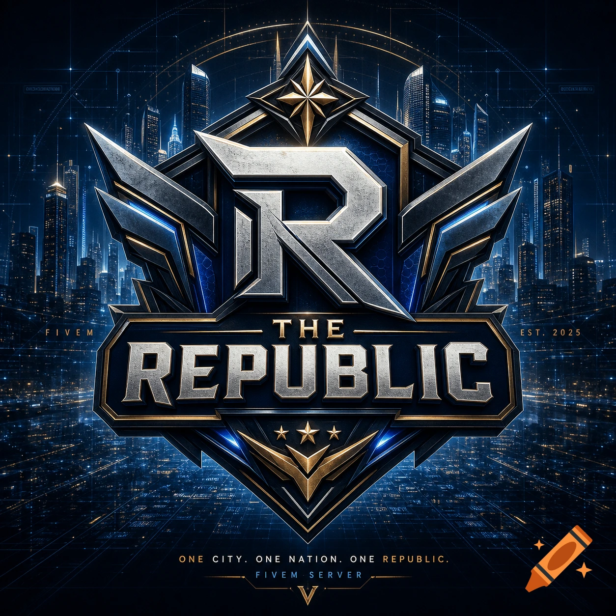 A futuristic, metallic logo for 'THE REPUBLIC' with a large 'R' and a cityscape background, glowing blue and gold accents.