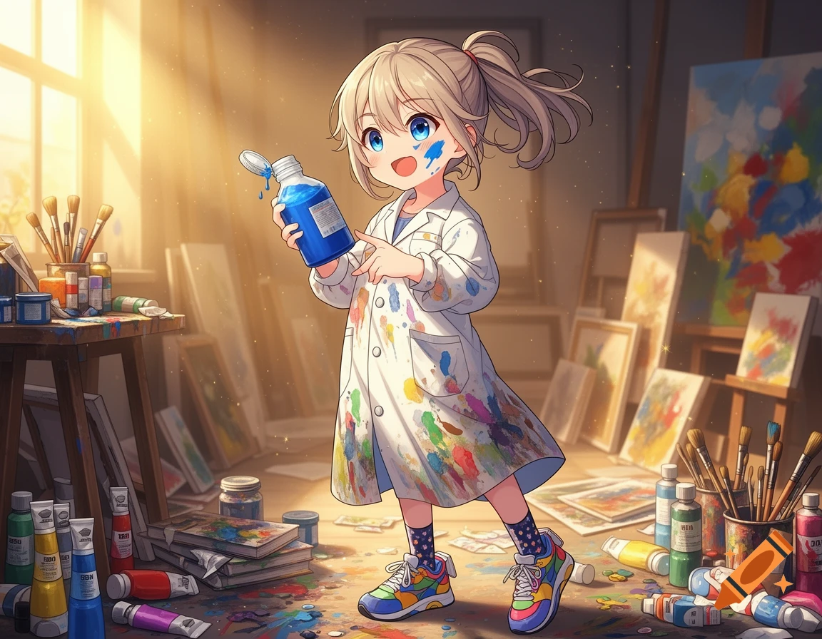 Anime girl in a paint-splattered lab coat holds a blue paint bottle in an art studio, surrounded by supplies.