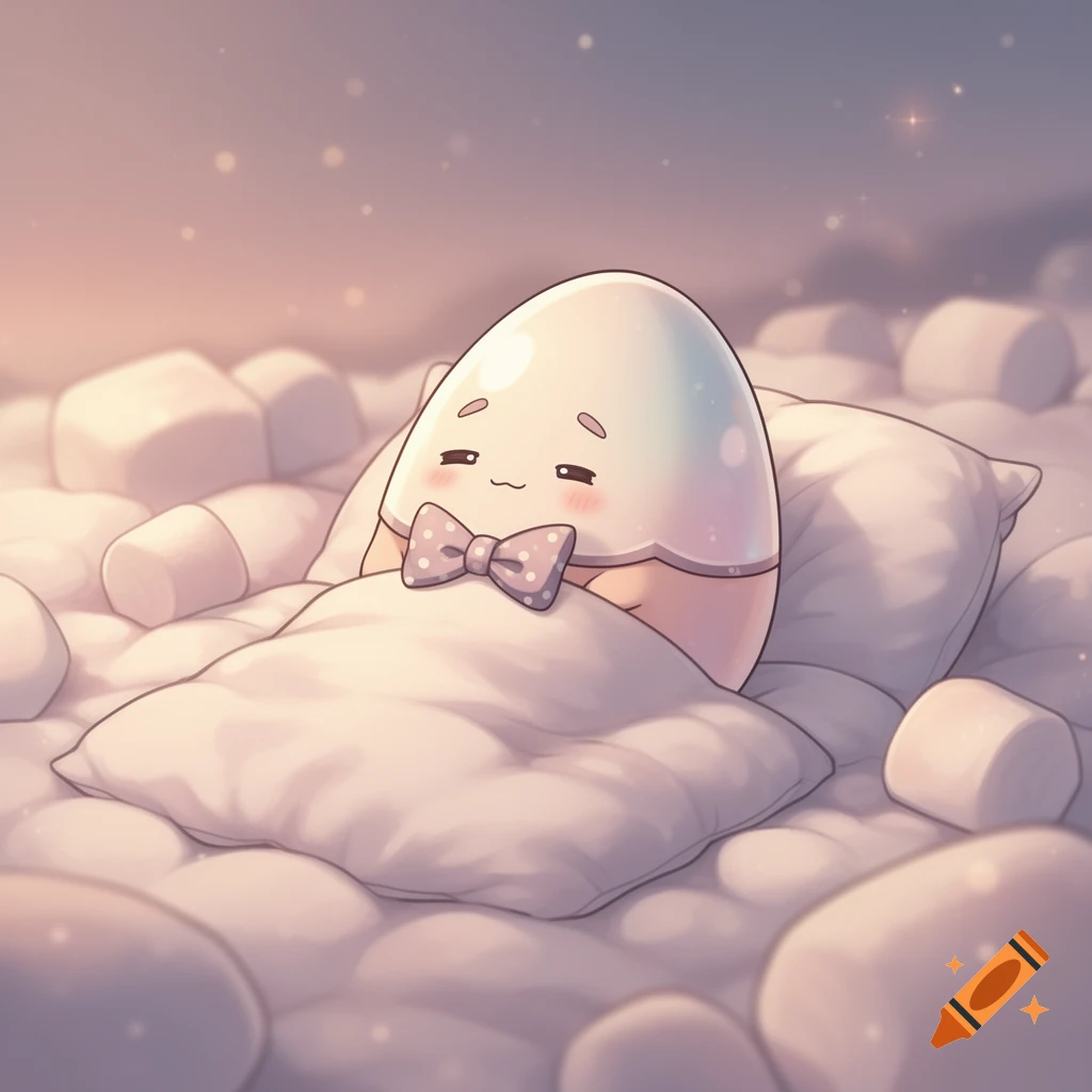 A cute, smiling cartoon egg character wearing a bow tie, sleeping in a soft bed of white pillows and marshmallows with sparkling light.