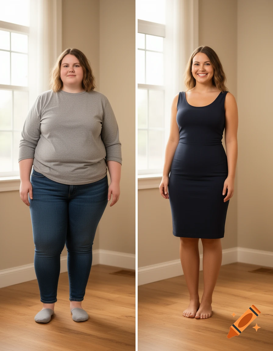 A diptych showing a woman before and after weight loss, standing in a room with a window.
