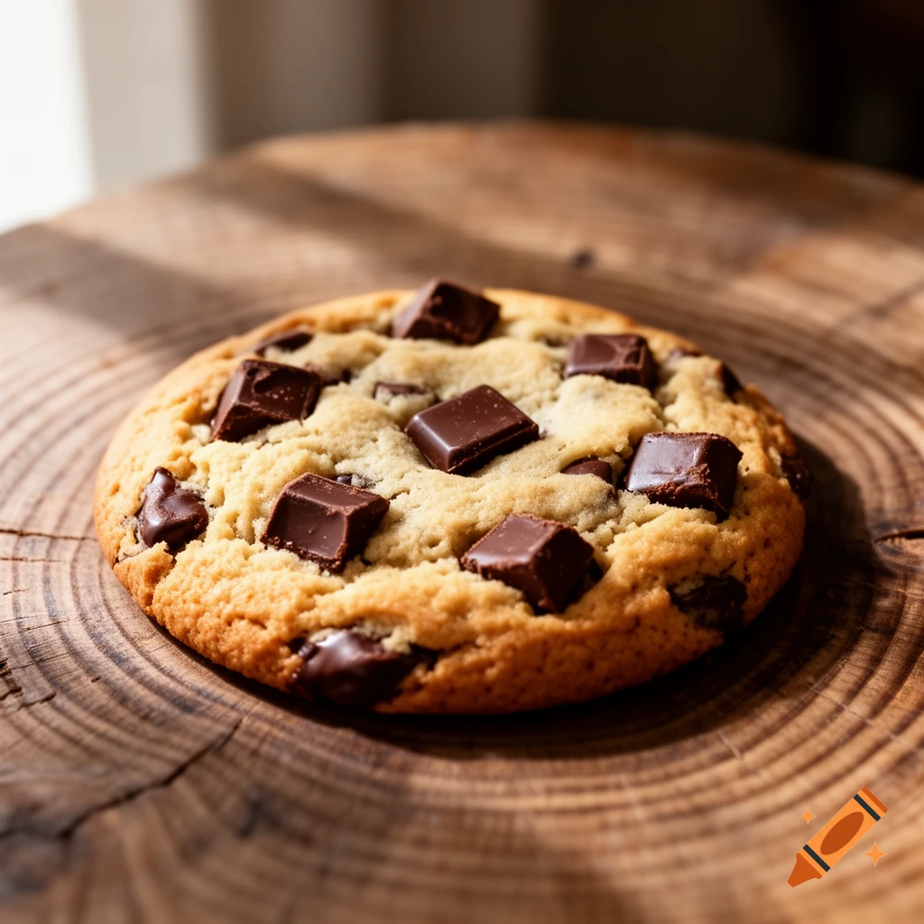 A close-up of a perfectly baked chocolate chip cookie with large chocolate chunks, resting on a rustic wooden surface.