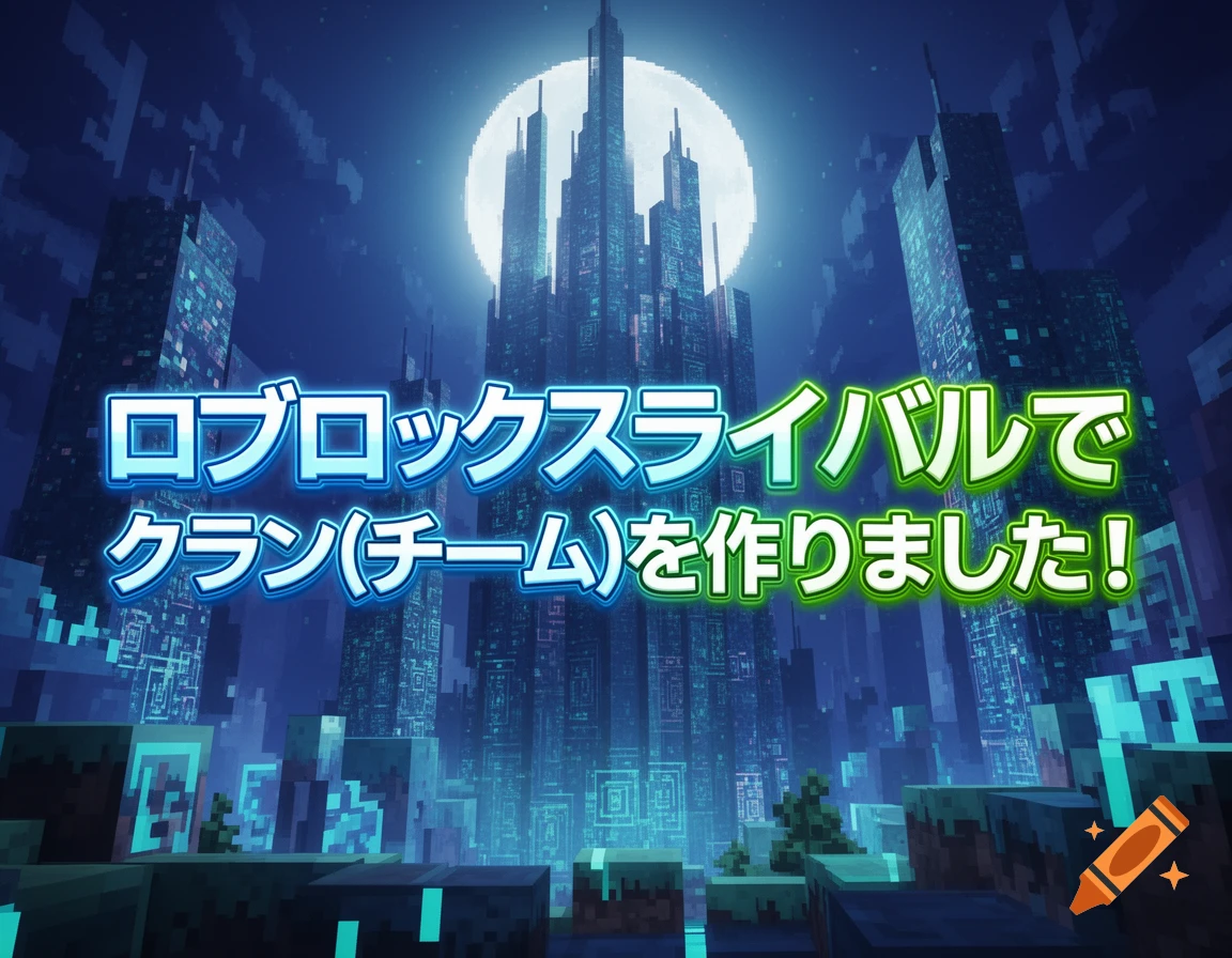 A blocky, futuristic cityscape at night with a full moon, featuring prominent Japanese text: "I made a clan (team) in Roblox Rival!"