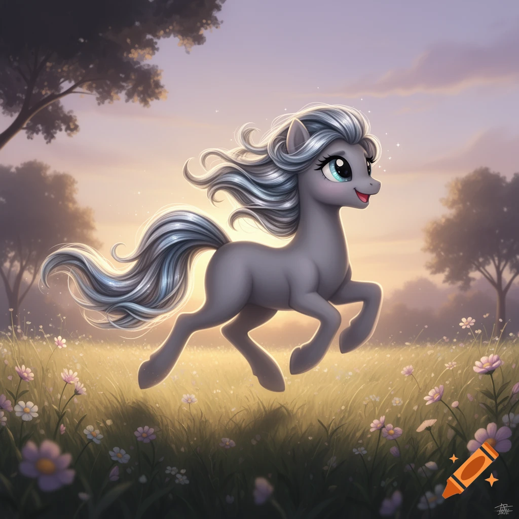 A grey My Little Pony-style pony with a flowing silver mane and tail runs through a field of wildflowers at sunset.