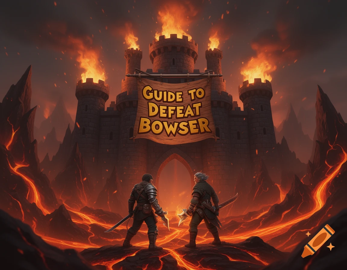 Two warriors in armor stand on volcanic rock, facing a burning castle with a banner reading 'GUIDE TO DEFEAT BOWSER' in a dark fantasy style.